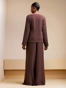 Zivah 2025 Early Autumn Winter New Style, Daily Dating, Commuting, Business, Lady Elegance, Beach, Cruise, Party, Simple, Popular, Birthday Party, Party High-End, Small Stand-Up Collar, Sleeveless, Umbrella Skirt, Maxi Skirt, Gold Silk Material Round Neck Long-Sleeved Top A-Line Skirt Military Green Women's Two Pieces Suit-A - Dark Green - View 2