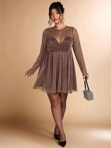 Allurite Váy dự tiệc chữ A lấp lánh mùa thu/đông cỡ lớn dành cho nữ, thích hợp cho tiệc tối, tụ tập, tiệc tùng - Cà phê nâu - Xem 5