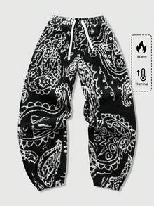 ROMWE MEN Street Life Quần nỉ lót nhiệt nam, lớp lót Sherpa dày dặn họa tiết hoa hạt điều phong cách đường phố Mỹ, trang phục thường ngày cho mùa thu/đông - màu đen - Xem 5