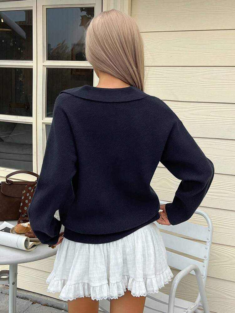Women's Casual V-Neck Embroidered Bow Knitted Sweater, Autumn/Winter