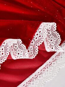 Glamorique Kids Girls' Autumn/Winter Velvet Lace Trim Rhinestone Embellished Long Sleeve Dress, Elegant Red, Soft & Comfortable, Suitable For Parties, Birthdays, Christmas, Versatile For Various Occasions, Regular Thickness, Autumn/Winter