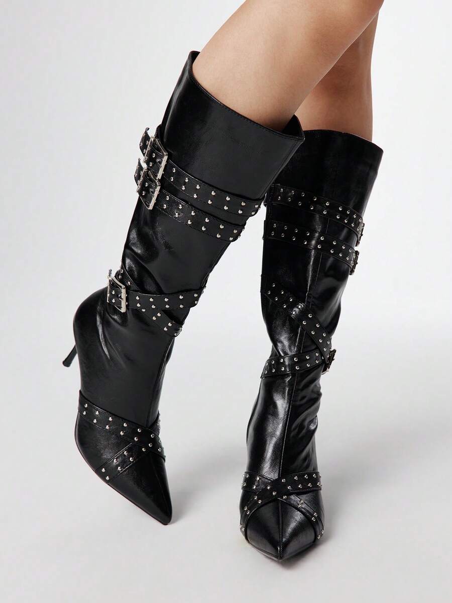 Sugerpunk 女士可调节搭扣中筒高跟靴，时尚通勤款 - 黑色 - 查看 1