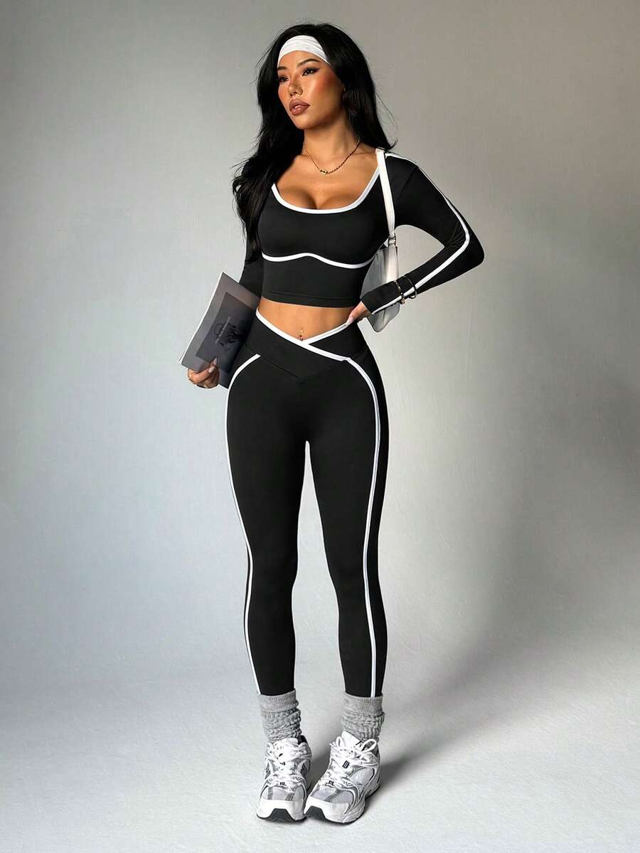 SHEIN Sports 无缝高弹瑜伽健身女式运动交叉腰带撞色套装 - 黑色 - 查看 1