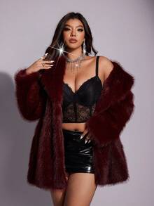 Allurite Mantel Bulu Imitasi Wanita Musim Dingin Warna Polos Kerah Lengan Panjang Longgar Modis Panjang Sedang - Burgundy - View 1