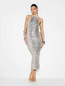 KIZN Vestido largo de fiesta formal con cuello halter, estampado de serpiente con lentejuelas, ajustado y sin espalda - Gris - Ver 4