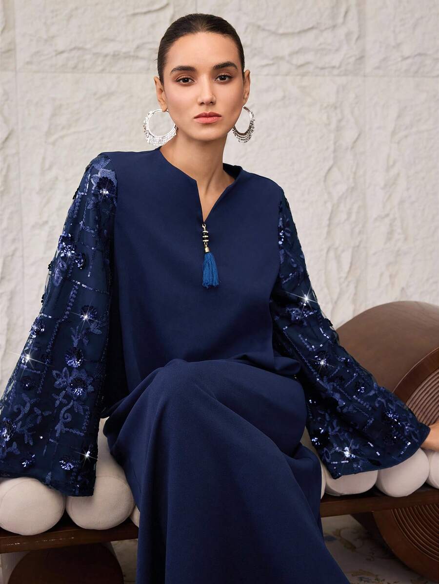 Al Najma Women's Turkish Maxi Dress & Arabic Traditional Abaya Kaftan Jalabiya Dress - Royal Blue - View 1