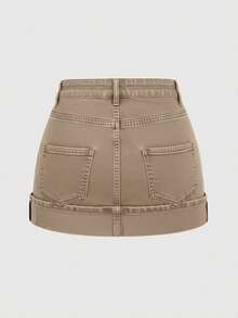 SHEIN MOD Chân váy denim mini túi xéo màu trơn đơn giản dành cho nữ, mùa hè - Màu Khaki - Xem 2