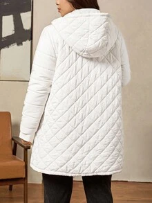 Comfylo 大码休闲连帽外套，冬季百搭绗缝拉链长款连帽羽绒服，带口袋，保暖舒适，2025新款，舒适保暖，抵御寒冷，适合秋季、冬季、复古风、外出、办公等各种场合，尽显优雅气质。 - 白色 - 查看 7