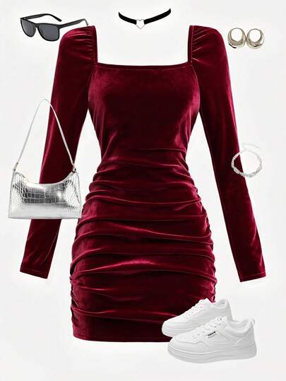 SHEIN Girlism Teengirl Solid Color Waist Cinching Fitted Square Neck Long Sleeve Pleated Casual Dress, Suitable For Party And Back To School Christmas Winter Suitable For Everyday, School, Vacation, Party Occasions