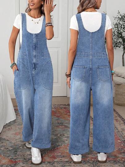 EMERY ROSE Große Größen einfarbiger Jumpsuit mit Tasche, Rundhalsausschnitt und ärmellos, Lässig Jeans