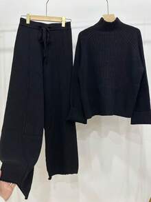 Chiquease 2 件杏色女式针织毛衣套装，罗纹奶油色套头衫和裤子休闲简约装 - 黑色 - 查看 5