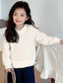 DAZY Girls V-Neck Loose Casual Sweater, Young Girl Fall Clothes - Beige - View 6