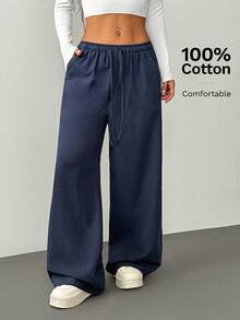 SHEIN PETITE Damen Marineblau Baumwolle und Leinen Hose,Herbst Lässig Loungewear Kordelzug Elastischer Bund Schräge Taschen Weites Bein Hose,Sommer Lockere Hose,Petite Damen - marineblau - Übersicht 3
