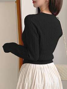 DAZY Women Casual Solid Color Twist Knit Fitted Cardigan, Autumn/Winter - Black - View 4