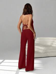 SHEIN EZwear Women's Chiffon Halter Backless 2 Pieces Vacation Casual Set Pant Suit Summer Sets Casual Two Piece Set Women Summer 2 Pieces Sets Women Two Piece Vacation Set Comfortable Two Piece Set 2 Piece Vacation Set Women - Burgundy - View 2