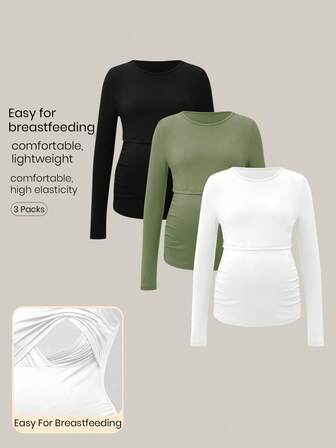 Modmama Solid Color Round Neck Long Sleeve Casual Nursing Top, Versatile For Summer Pregnant Clothes Maternity Tops Pregnancy Shirts Nursing Tops Maternity Clothes