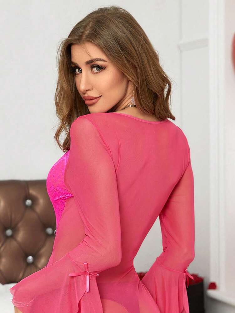 Ladies' Lace & Mesh Contrast Flounce Hem Night Dress With Criss-Cross & Hollow Out Detail