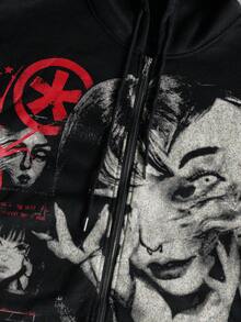 ROMWE MEN Anime Spring Casual Graphic Men'S Japan Style Street Dark Figure Print Zip-Up Hoodie Sweatshirt, For Winter - Black - View 4