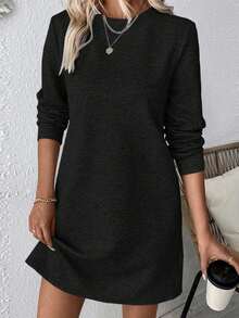 EMERY ROSE Plus Size Women Casual Textured Solid Color Long Sleeve Dress, Autumn/Winter - Black - View 7