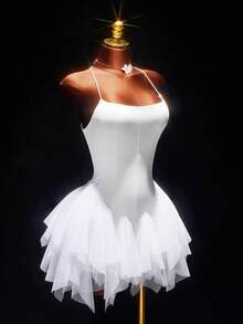 Amplova Váy ngắn hở lưng lưới trắng chắp vá cho nữ, viền lưới, thích hợp cho các buổi hẹn hò, trang phục ngày lễ tình nhân, chân váy bồng bềnh - trắng - Xem 6