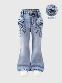 Girls' Flare Jeans,Blue Summer Back-To-School Lightweight Washed Denim,Cute Bow Decor,Comfortable Cotton,Casual&Versatile For Daily Wear,Party,Travel - Medium Wash - View 4