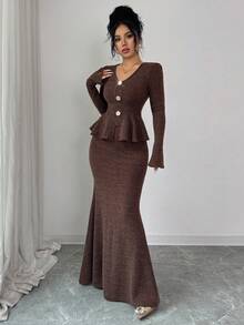 Rafferiza 1. Parte superior de punto de manga larga con cuello redondo minimalista y de alta gama con botón de rosa para mujer, falda larga con dobladillo de sirena de piel sintética cálida, conjunto de 2 piezas adecuado para reuniones de hermanas, cena formal, atuendo de fiesta