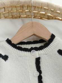 Baby Girls' Soft Knit Romper, Round Neck Long Sleeve Sweater Jumpsuit With Contrast Color Heart Pattern, Ruffled Cuff And Collar Decor, Comfortable For Autumn/Winter Indoor And Outdoor Wear Baby Fall Winter Romper Baby Sweater Jumpsuit Baby Knit Romper Button Front Baby Girl Heart Outfit Baby Knit Romper Heart Pattern - Black - View 3