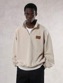 DAZY Textured Fabric Pullover Sweatshirt With Half-Zip Design For Men, Beige, Autumn - Light Khaki - View 5
