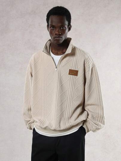 DAZY Sudadera con media cremallera y textura de tela para hombre, beige, otoño