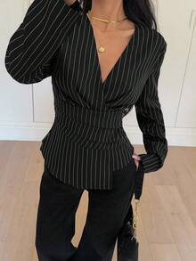Siren Gaze Women's Striped Waist Cinching Long Sleeve Shirt, Autumn/Winter Black Business Casual Top Office Blouse Women Blouses Elegant Spring - Black - View 4