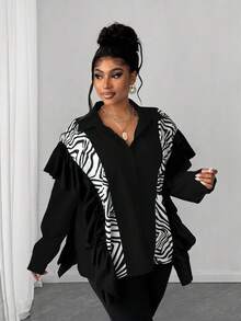 Maweii Plus Size Autumn Casual Patchwork Zebra Print Ruffle Trim Front Button Shirt - Black - View 1