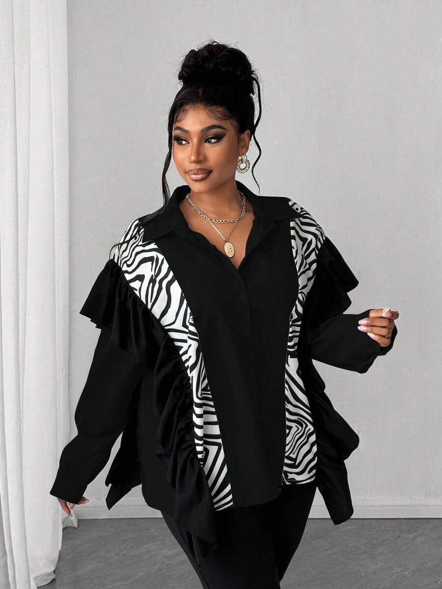 Maweii Plus Size Autumn Casual Patchwork Zebra Print Ruffle Trim Front Button Shirt - Black - View 1
