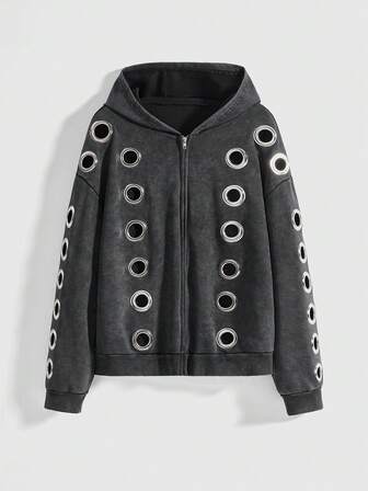 Grunge Punk Sudadera con capucha de ajuste holgado con decoración de ojetes y lentejuelas de estilo punk metal Kpop para mujeres