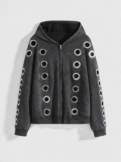 Grunge Punk Kpop Punk Metal Grommets & Sequins Decor Loose Fit Hooded Sweatshirt Sweatshirt For Women