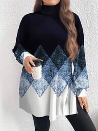 EMERY ROSE Plus Size Plaid Geometric Pattern Turtleneck Long T-Shirt, Spring/Autumn