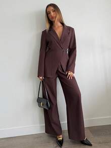 Aloruh Conjunto de chándal informal de mujer con sudadera de cuello de solapa de manga larga y pantalones de pierna ancha de unicolor - Café integral - Ver 4