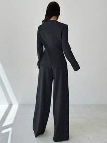 Firerie 女士优雅通勤日常百搭街头时尚新款不对称翻领纽扣腰长袖西装外套和高腰长裤卡其灰色两件套西装套装秋冬女装 - 藏蓝色 - 查看 5