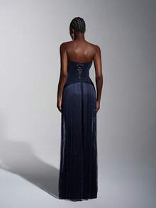 Elitara Elegant Luxury Sexy Knit Glitter Off-Shoulder Cat Collar Waist Tassel Decor Bodycon Dress, Suitable For Formal Occasions Like Galas, Exhibitions, Business Events, And Evening Parties - Navy Blue - View 2