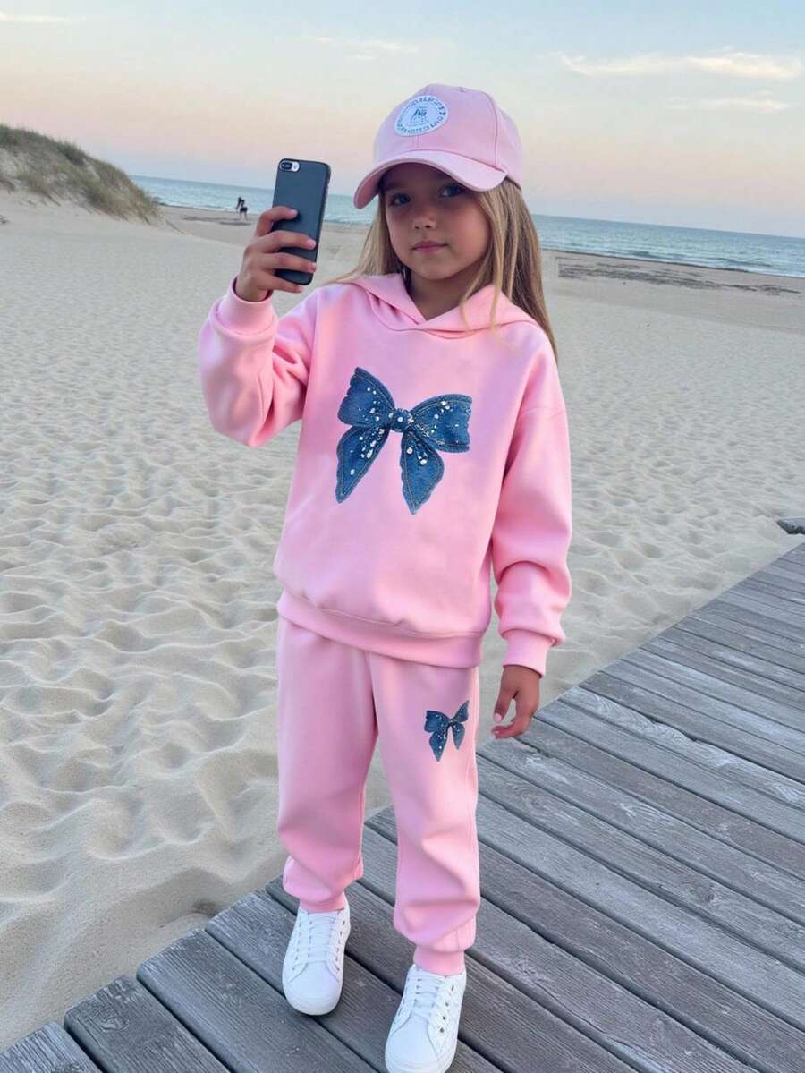 2pcs/Set Young Girls Bow Print Hooded Long Sleeve Sweatshirt & Pants Set - Pink - View 1