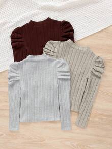 SHEIN 2pcs/Set Tween Girl Slim Fit Casual Mock Neck Raglan Sleeve Ribbed T-Shirts, Girls Ribbed Set, Girls Long Sleeve Tops, Solid Color Tops Tween Girl - Brown - View 7