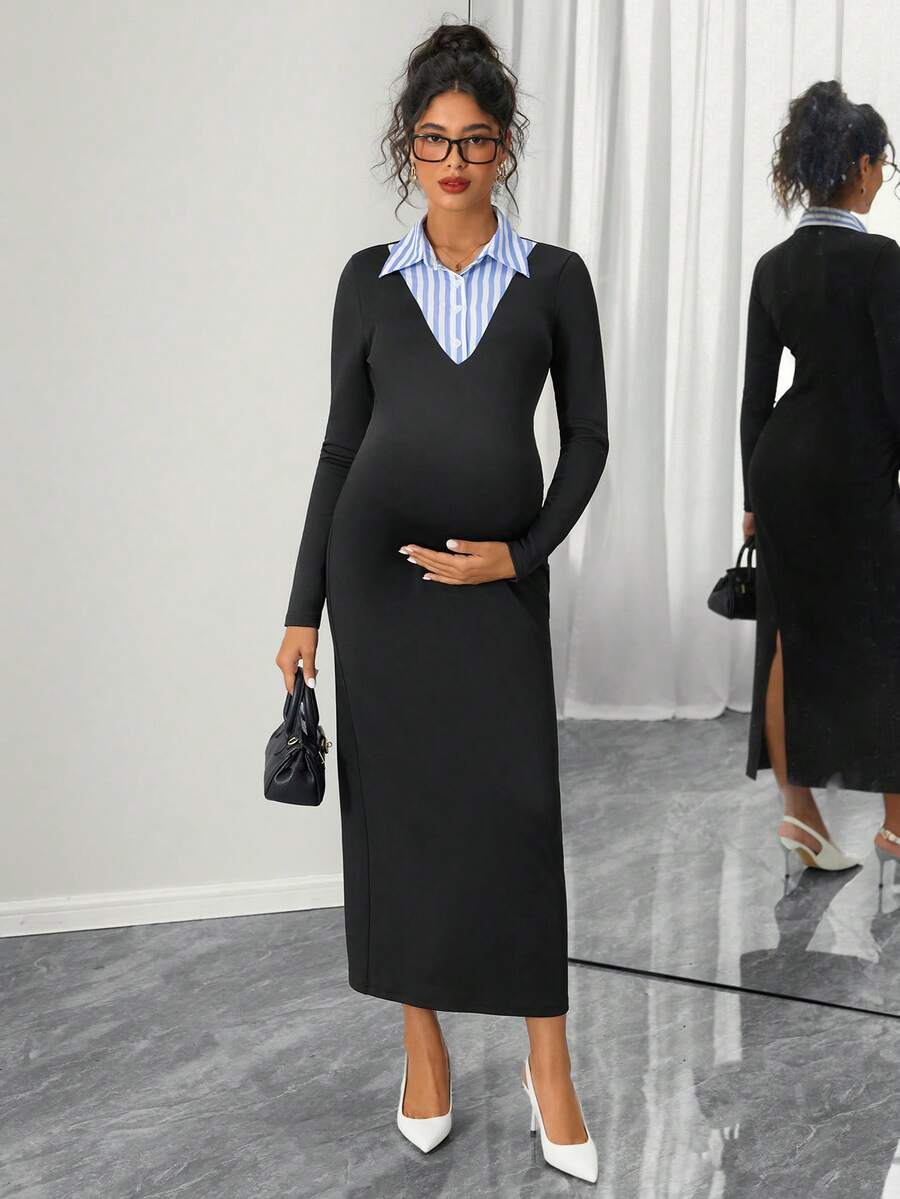 SHEIN 孕妇蓝白格子衬衫领开襟开衩下摆优雅连衣裙，秋冬款 - 黑色 - 查看 1