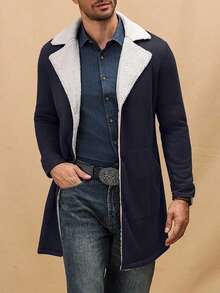 Manfinity Mode Men's Autumn Winter Contrast Stand Collar Casual Knit Coat, Out-Of-Home Friend Coat, Suitable For Friends, Husband, Boyfriend Gifts Men Long Coat Men Outerwear Cashmere Mens Clothing Woolen Jacket Men - Navy Blue - View 5