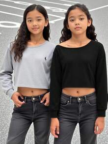 SHEIN Explorewe 2pcs/Set Tween Girl' Solid Color Casual Logo Graphic Oblique Shoulder Long Sleeve Knit T-Shirt, Slouchy, Minimalist & Versatile, Suitable For Autumn/Winter And Spring - Multicolor - View 5