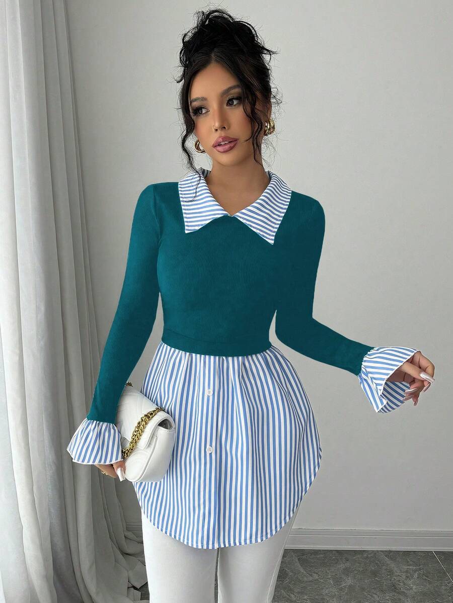 Elenzga Women's Striped Collared Long Sleeve Knit Patchwork Blouse - Multicolor - View 1