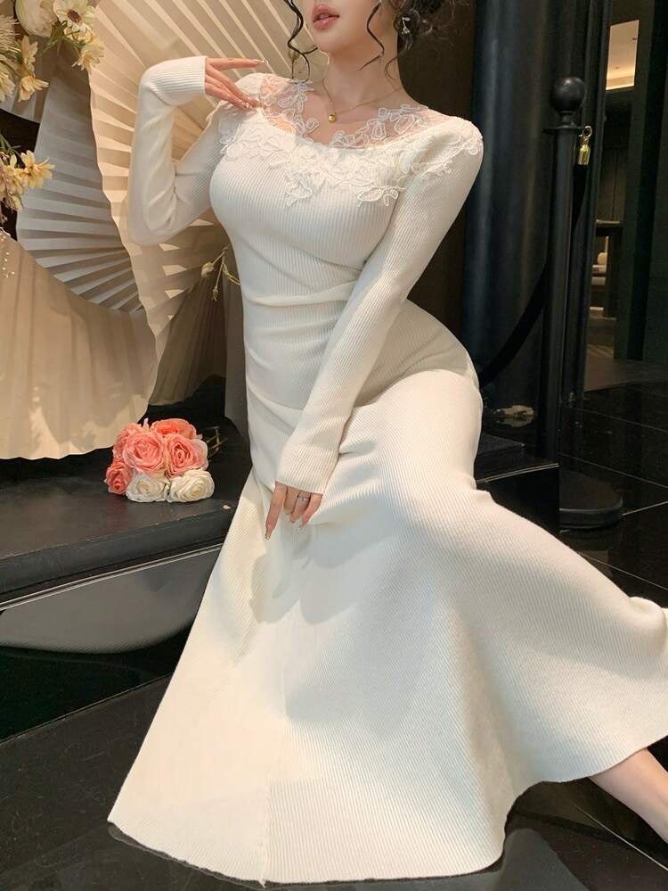 Lace Patchwork Elegant Fitted Midi Sweater Dress, Suitable For New Year, Christmas, Wedding, Party, Fashion Events