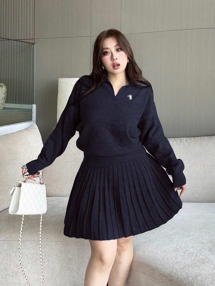 Vibekara Autumn/Winter New Plus Size Women Knitted Casual Solid Color Embroidery Lapel Simple Long Sleeve Sweater Top & Skirt Suit, Versatile 2 Piece Skirt Sets Woman Navy Blue Outfit Women Pleated Skirt Set Tennis Skirt Set Plus Sweater Sets For Women - Royal Blue - View 1