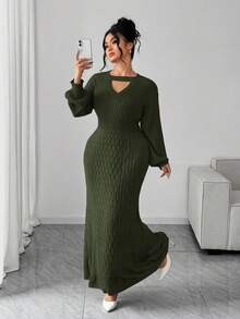 Elenzga Plus Size Elegant Delicate Hollow V-Neck Sweater Dress