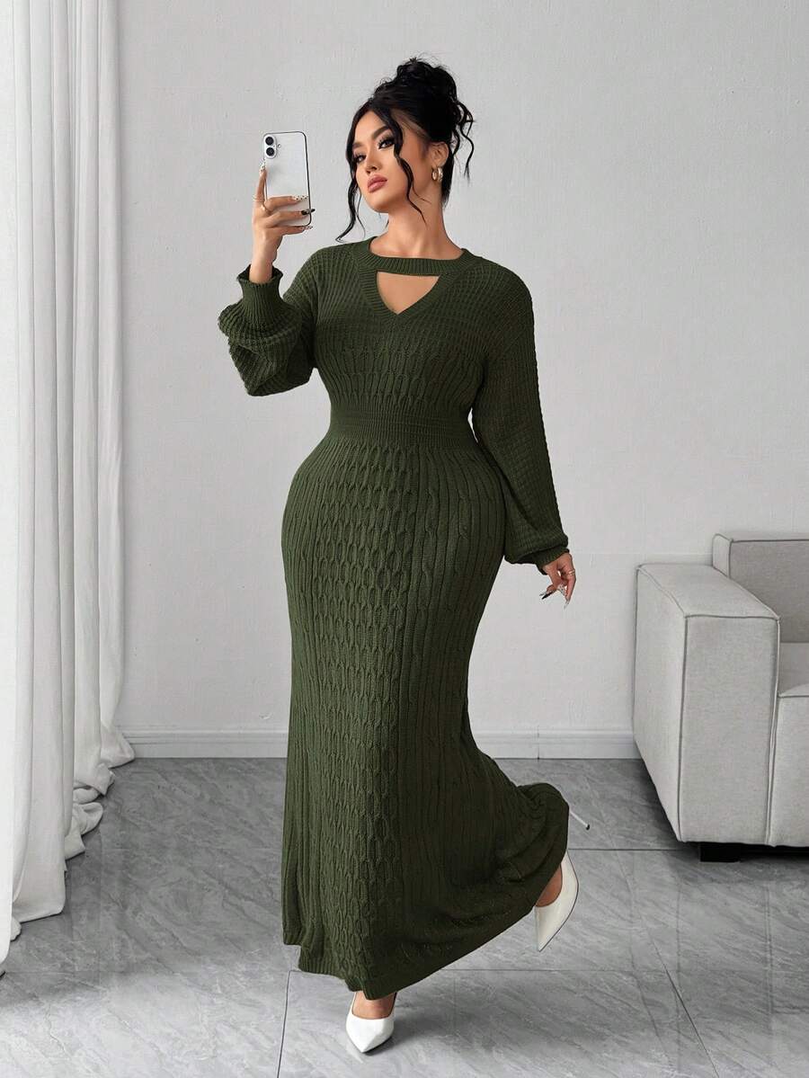 Elenzga Plus Size Elegant Delicate Hollow V-Neck Sweater Dress