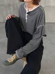 FRIFUL قميص كاجوال للنساء بأكمام طويلة وياقة مستديرة، مخطط، خريفي - رمادي - مشاهدة 6