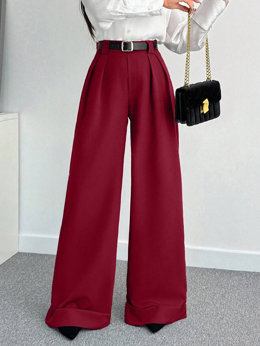SHEIN Tall 女款純色高腰寬腿長褲,適合高個女性 - 酒紅色 - 查看 1